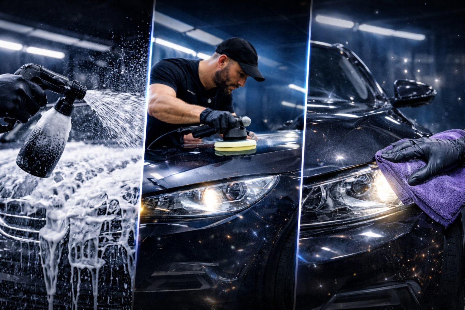 Three-panel collage showing professional car detailing: washing with soapy water spray, applying wax with a foam applicator pad, and buffing with a microfiber cloth