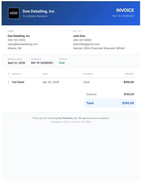 Invoice from Doe Detailing Inc for Full Detail service dated April 20, 2026, totaling $150.00 for customer John Doe