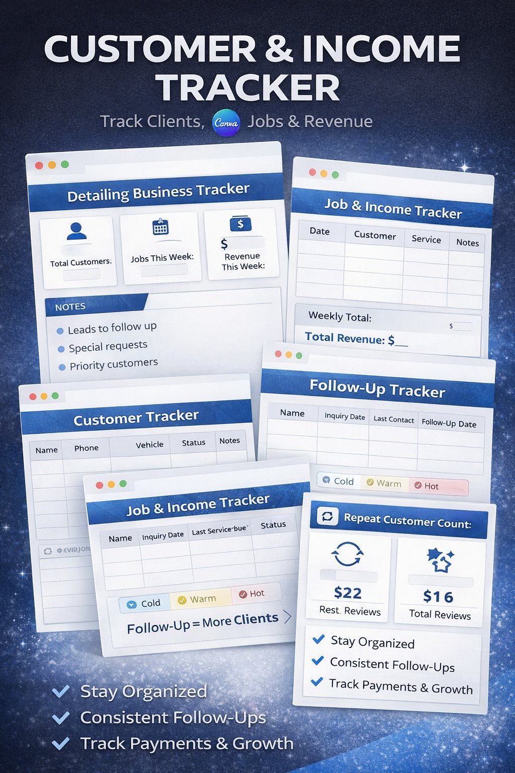 Customer and Income Tracker system with multiple template windows showing business tracker, job and income tracker, customer tracker, and follow-up tracker interfaces