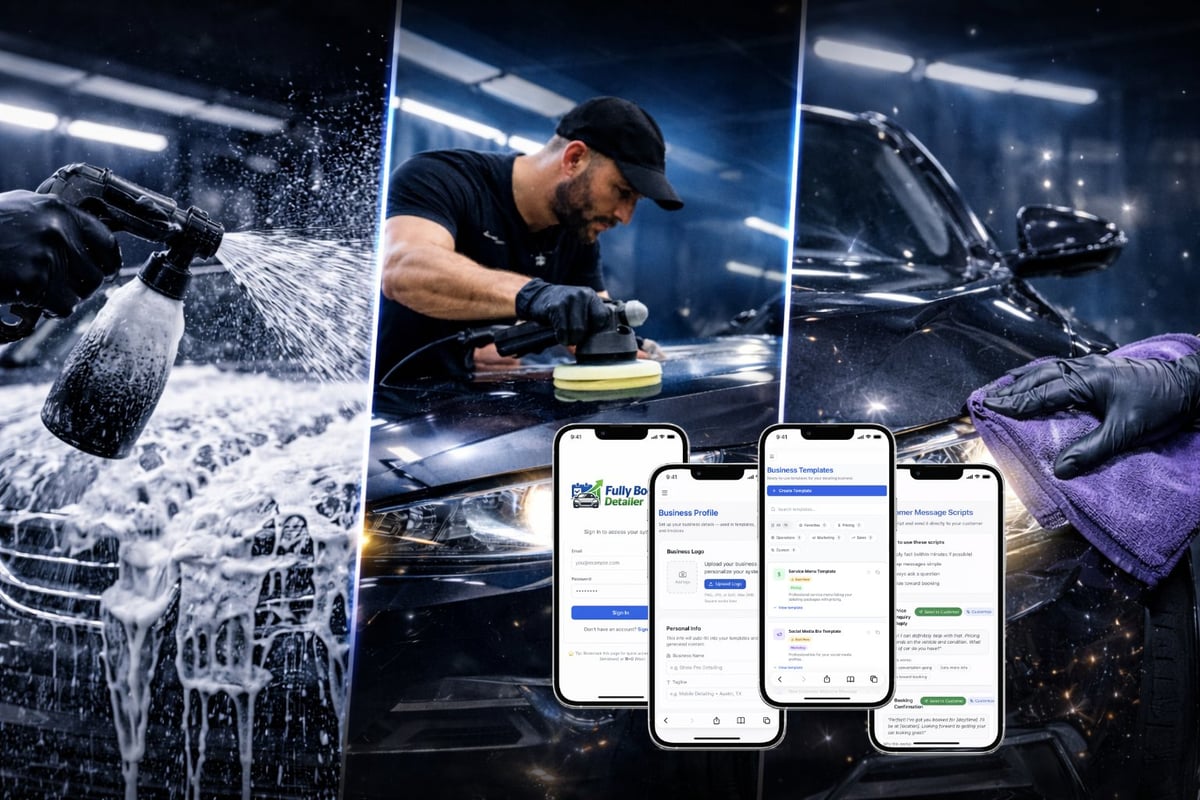 Professional car detailer washing and waxing a vehicle with mobile app interface screens displayed on smartphones showing the booking or service management application