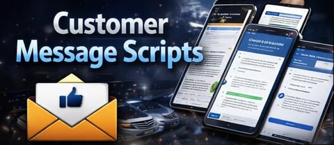 Customer Message Scripts with thumbs up envelope icon and mobile phones displaying message templates on dark background