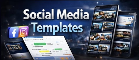 Social Media Templates promotional image showing Facebook and Instagram logos, smartphone mockups, and interface design layouts on dark blue background