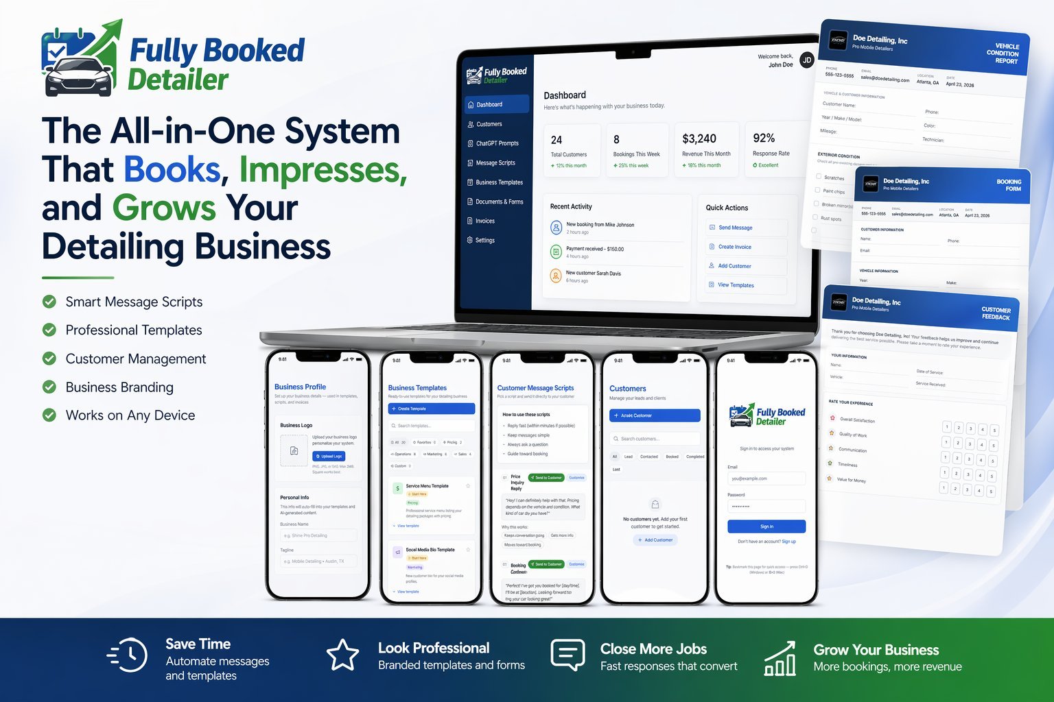 Fully Booked Detailer software interface showing desktop and mobile app screens for booking, invoicing, and business management