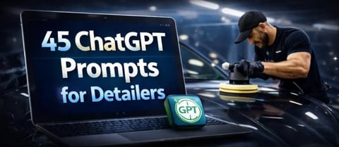 Laptop displaying 45 ChatGPT Prompts for Detailers next to a man polishing a dark car with a yellow buffing pad