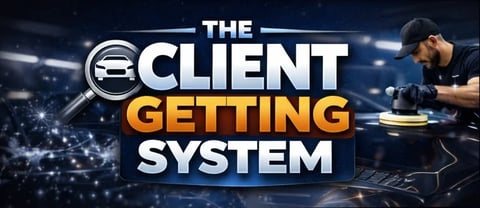 The Client Getting System logo featuring a magnifying glass over a car icon with a detailing technician buffing a vehicle on a digital blue background