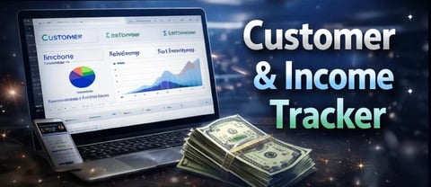 Laptop displaying Customer & Income Tracker dashboard with analytics charts next to stacked US dollar bills on dark background