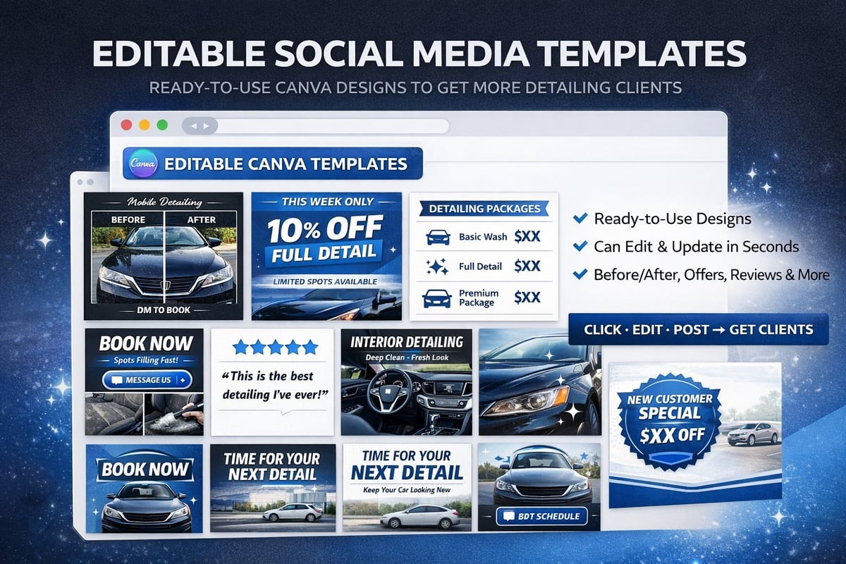 Editable social media templates for car detailing services with ready-to-use designs featuring luxury vehicles, booking options, and promotional graphics